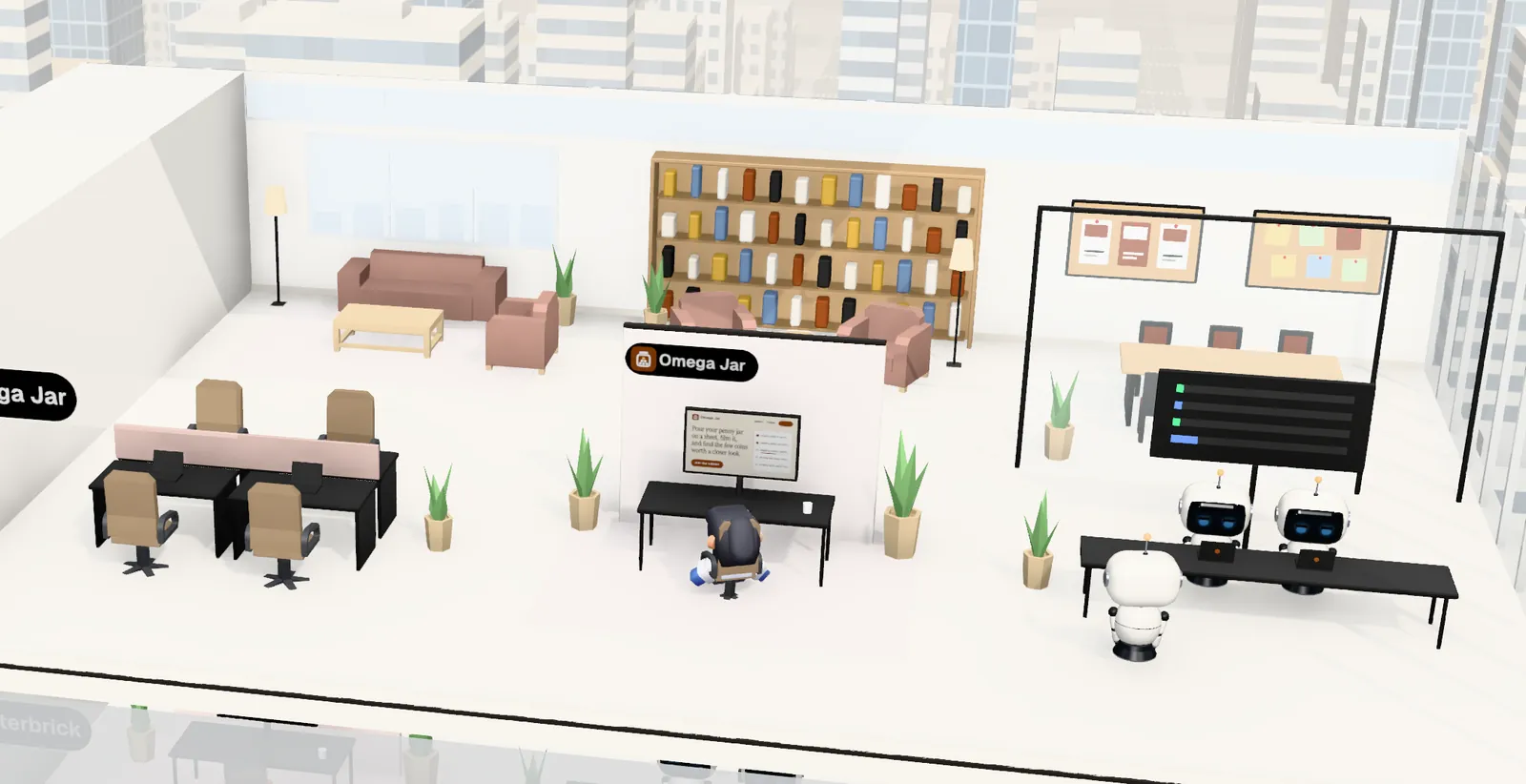 Omega Jar’s office on floor 26 of Tower 1: the owner’s desk with the website on screen, the agents’ bench, a meeting room and a library